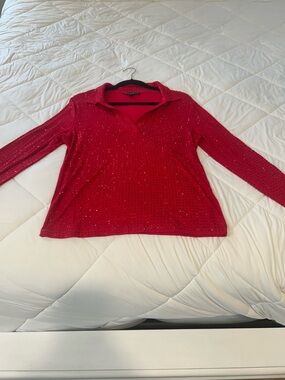 Boston Proper Red V-Neck Long Sleeve Top with Crystal Accents